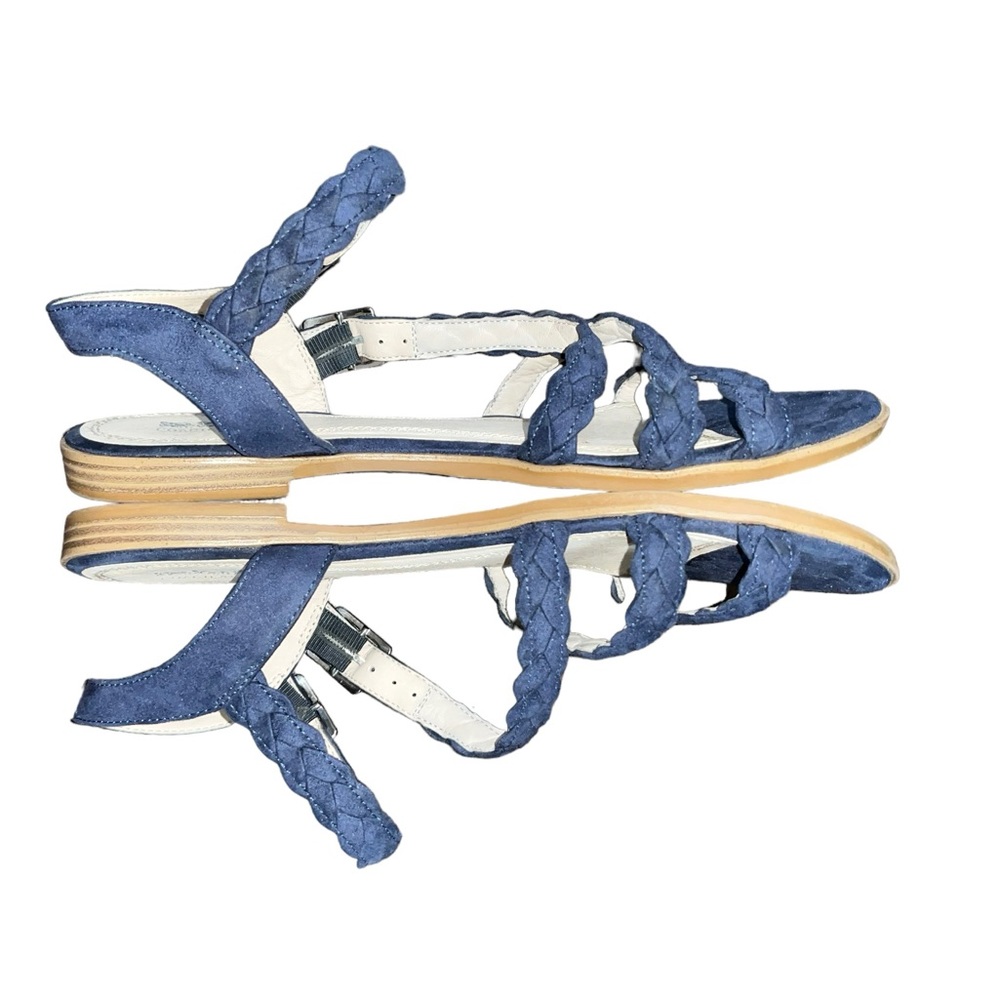 Coach and Four Blue Suede Sandals Sz 8.5 Braided Straps Buckle Block Heel - Picture 3 of 4